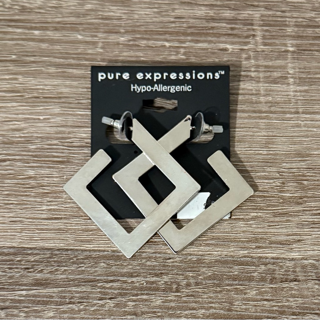 Pure Expressions Nwt Silver Square Hypo-Allergenic Stud Dangle Earrings